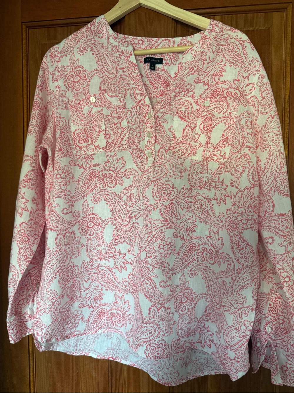 Talbots Cream and Pink / Coral Paisley Long-Sleeve Tunic